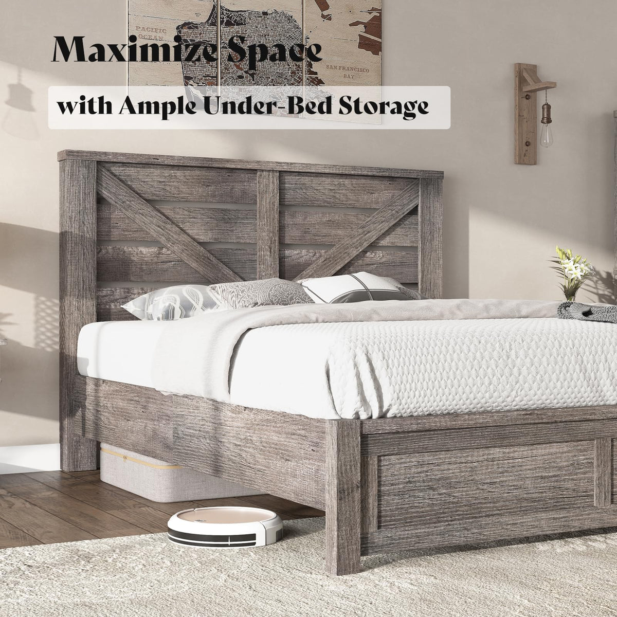 Farmhouse Bed Frame with 49.2"Barn Door Headboard, Gray