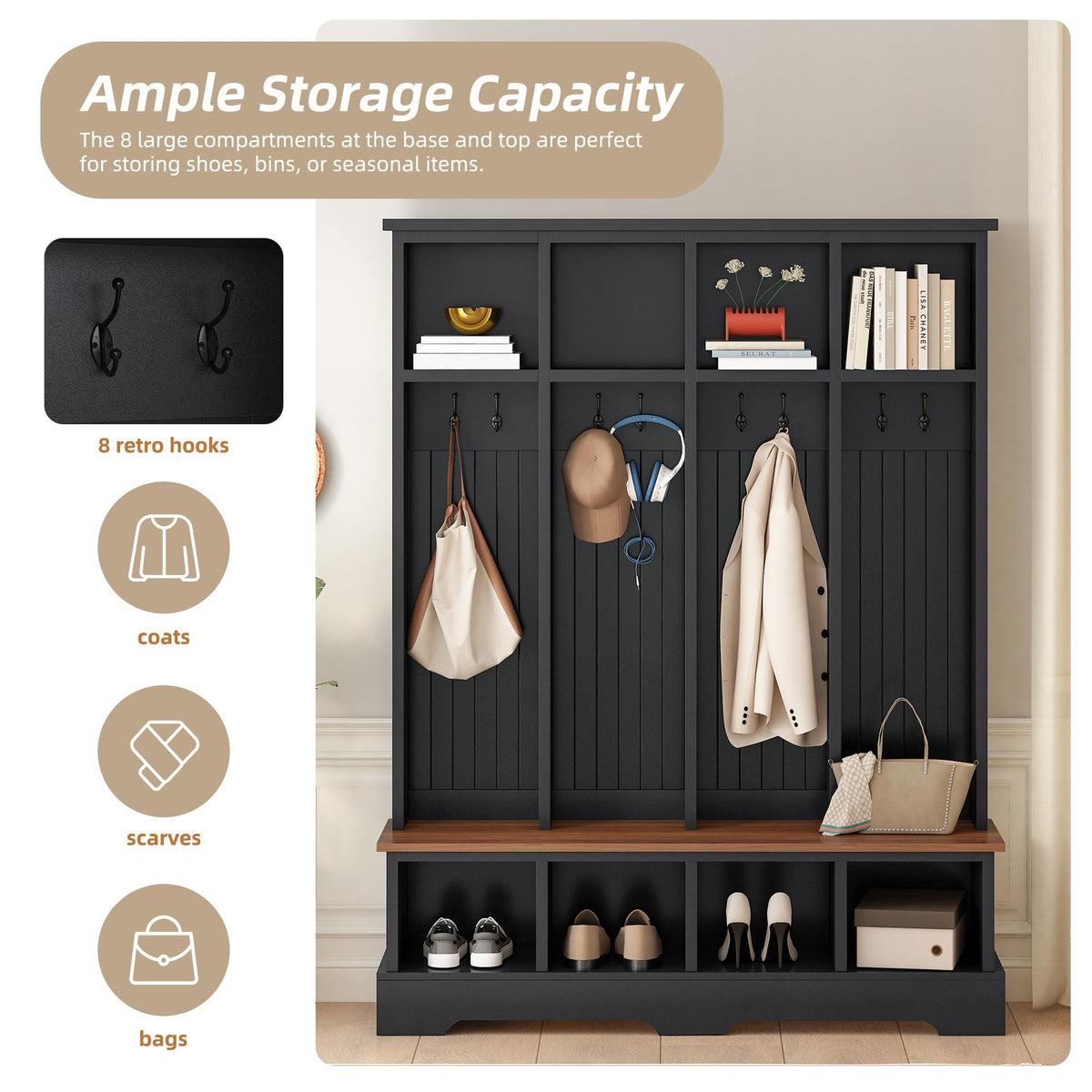 Farmhouse Hall Tree with Bench and Shoe Storage, 59" Entryway Bench with Coat Rack, 3-in-1 Hall Tree with Top