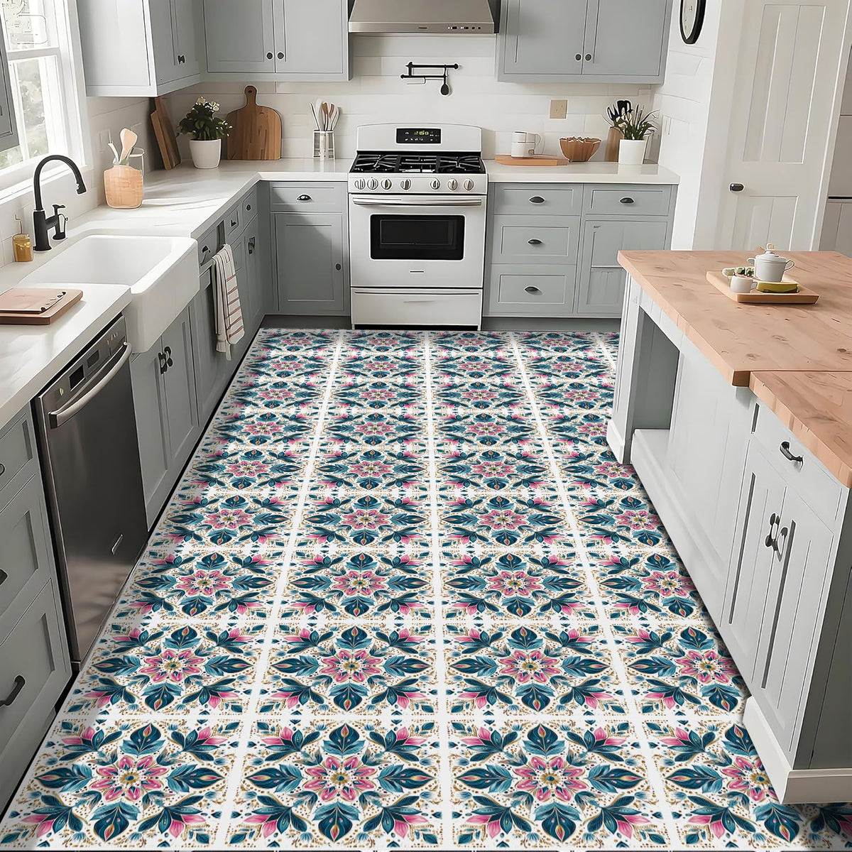 Navy Blue Pink Mandala Flowers Vintage White Peel and Stick Vinyl Floor Tiles 10-Pack 12 x 12 inch, Self Adhesive
