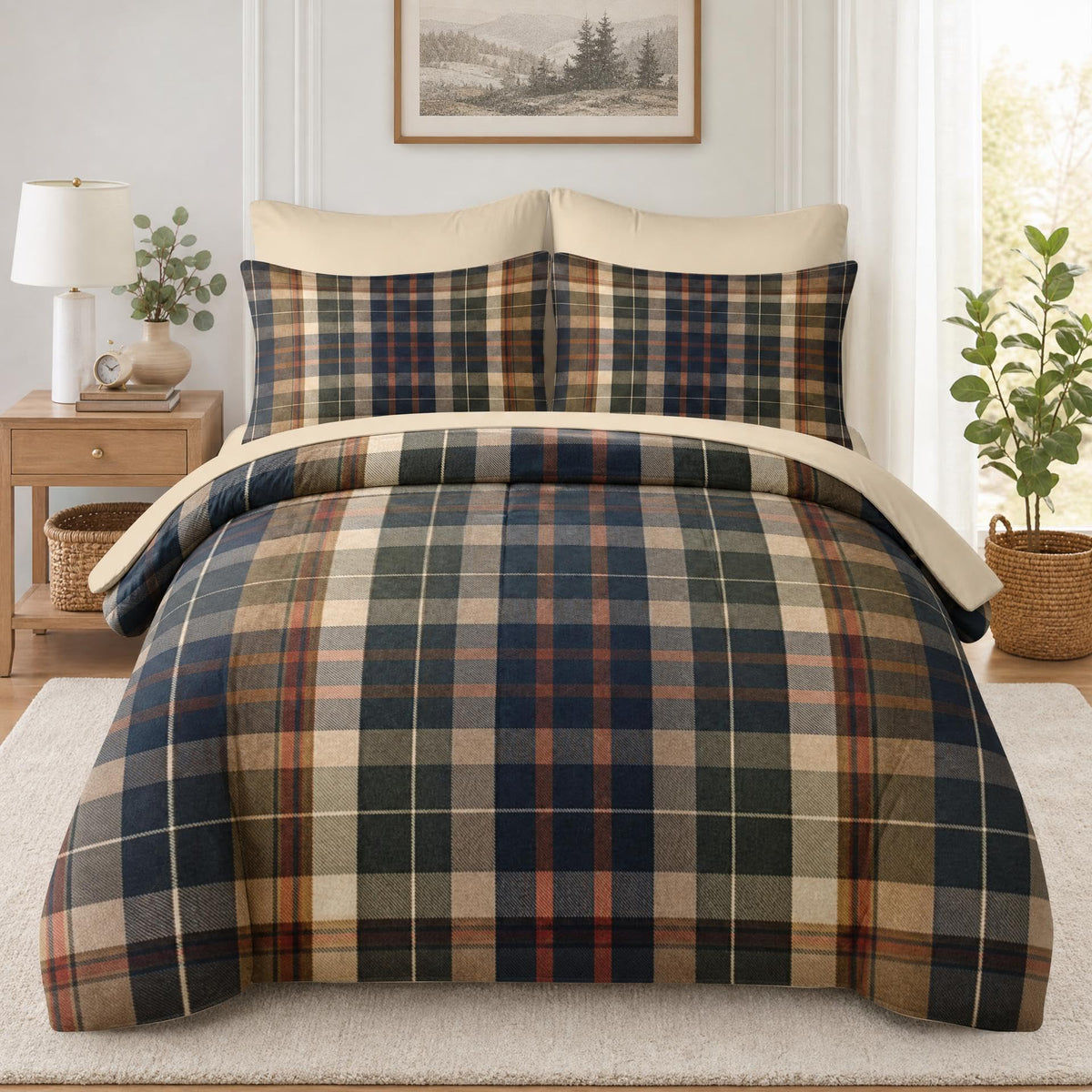 Comforter Set, 5 Pieces Plaid Tartan Bedding Set