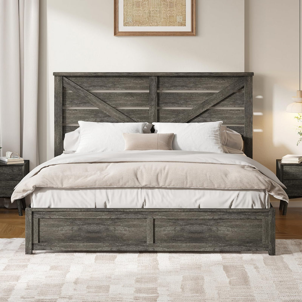 Farmhouse Wooden Bed Frame with 49.2" Headboard, Grey