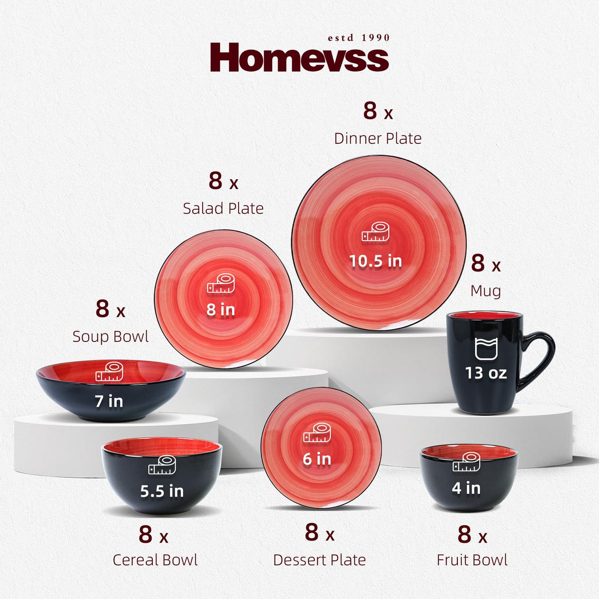 Stoneware Sonoma Dinnerware Set, Black + Speckled Spin Wash (56pc Set, Red)