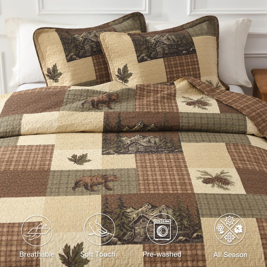 Cabin Quilt Set, 100% Cotton 3 Pieces Comforter Sets, Lodge Farmhouse Plaid Quilted Bedspread Coverlet