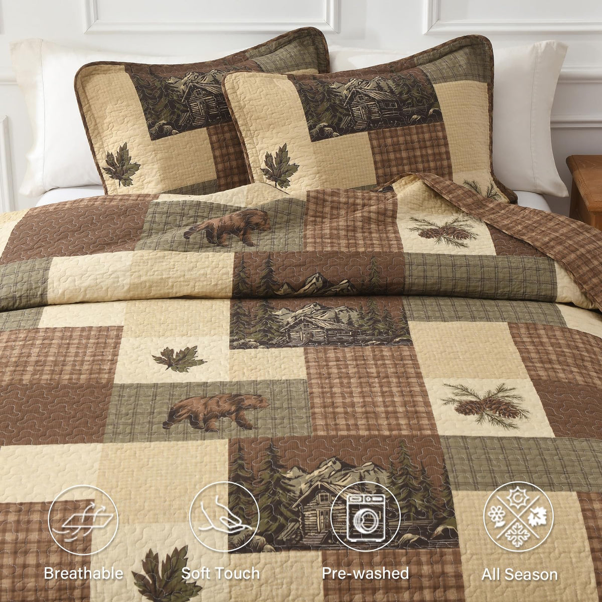 Cabin Quilt Set, 100% Cotton 3 Pieces Comforter Sets, Lodge Farmhouse Plaid Quilted Bedspread Coverlet