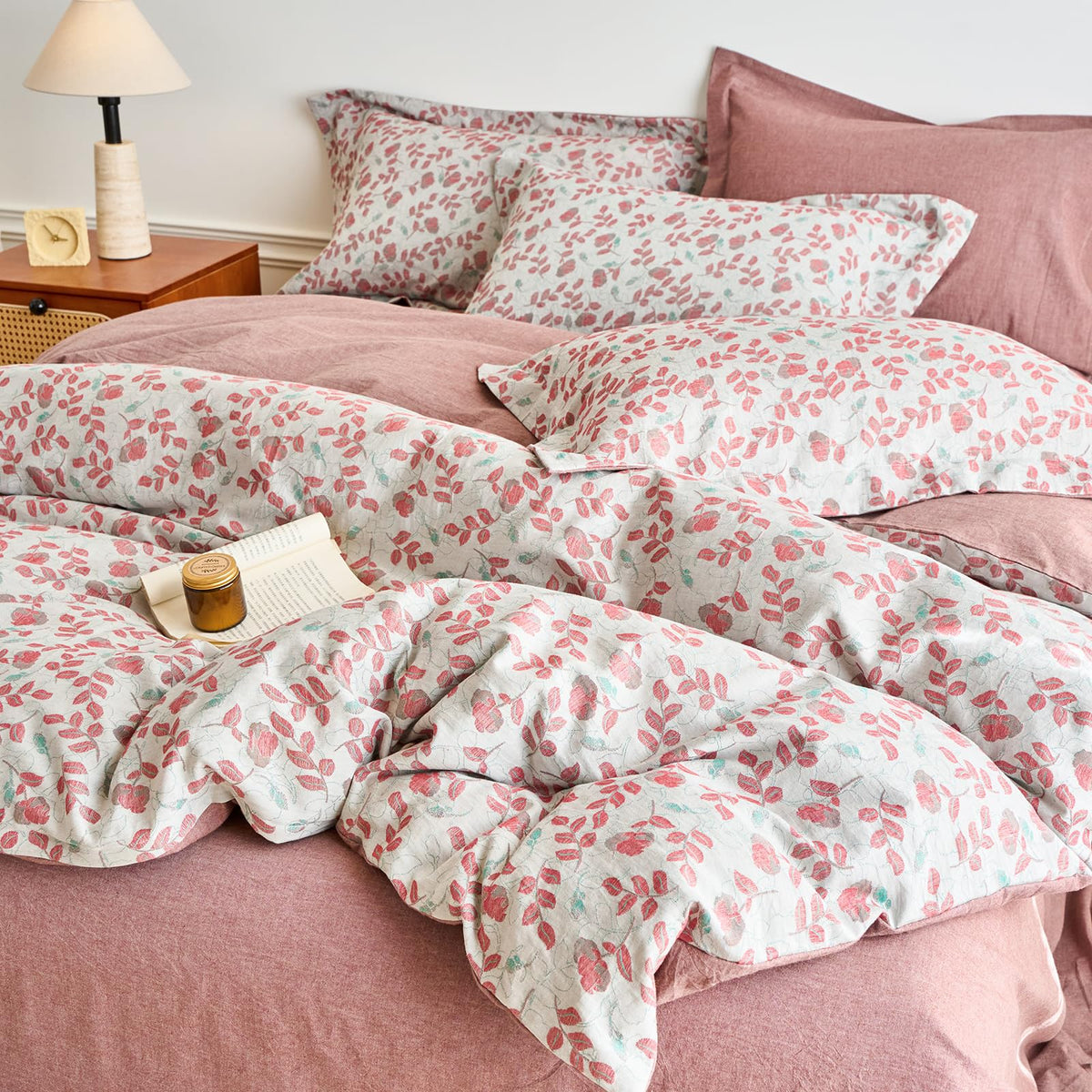 100% Washed Cotton Duvet Cover Set Vintage Red Floral Jacquard Texture Comforter Cover with 2 Pillowcases Boho