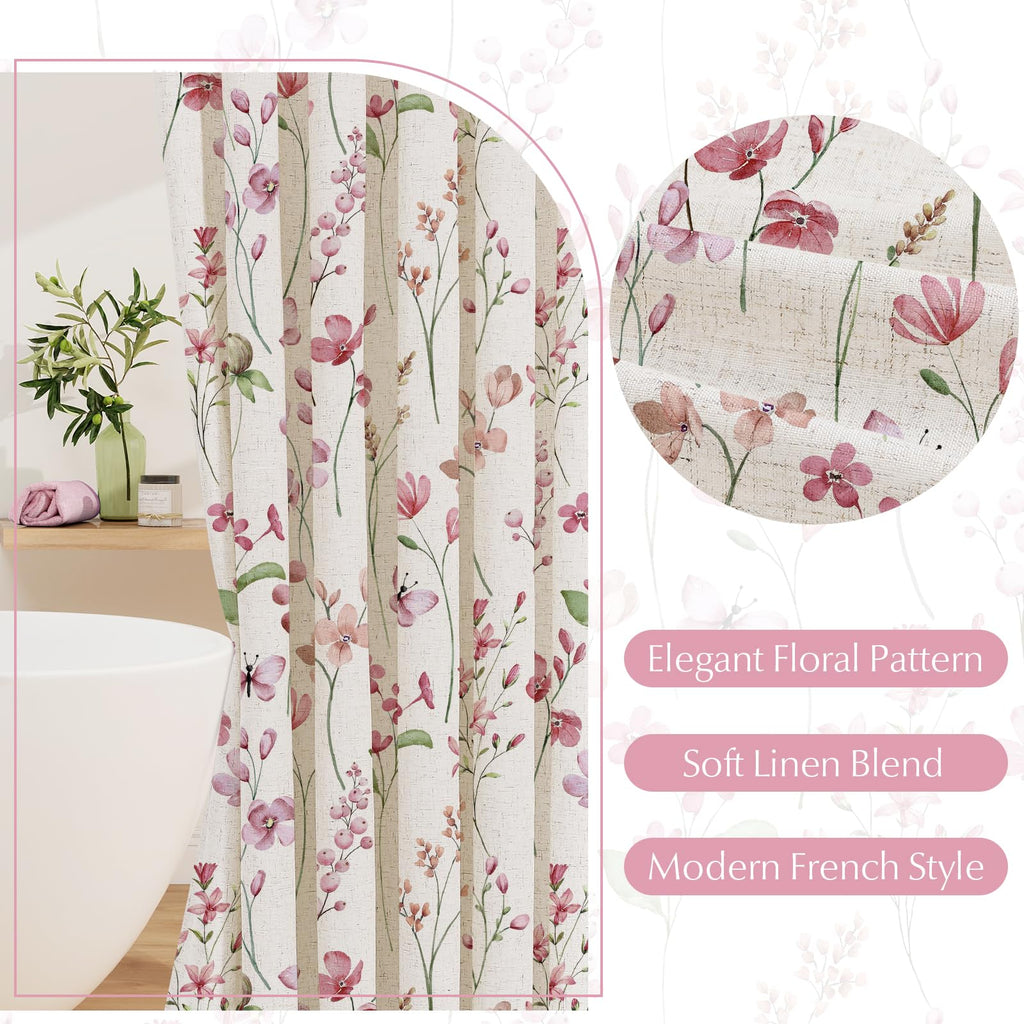 Linen Farmhouse Floral, Pink Butterfly Flower, Modern Minimalist White Waterproof Fabric Set, 72x72 Inch