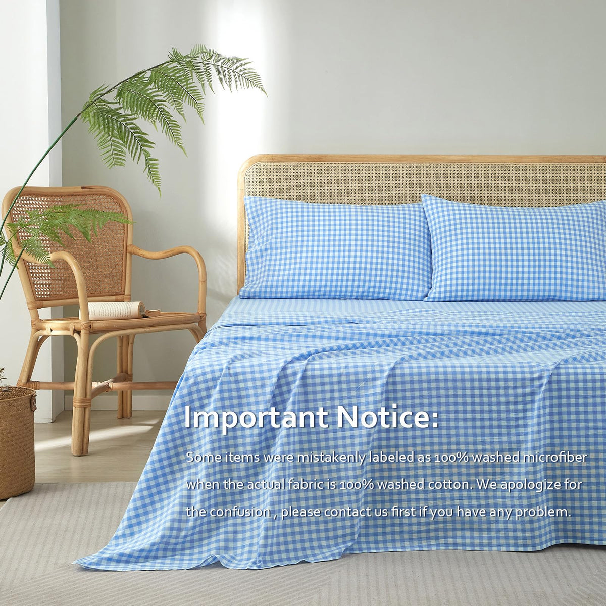 Blue Gingham Sheets Set, 100% Washed Cotton Blue Plaid Bed Sheets, Breathable Comfy Vintage Checkered