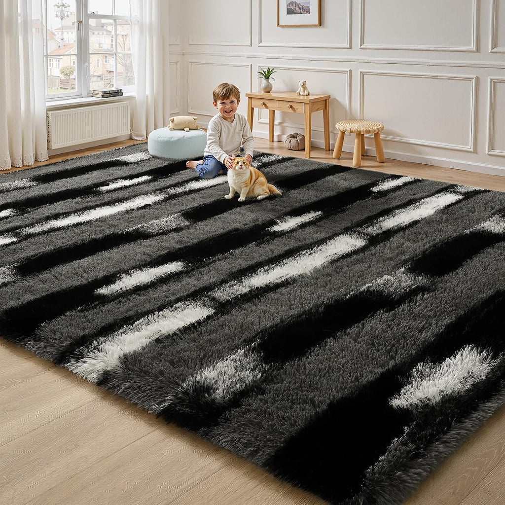 Fluffy Black and Grey Area Rug Striped