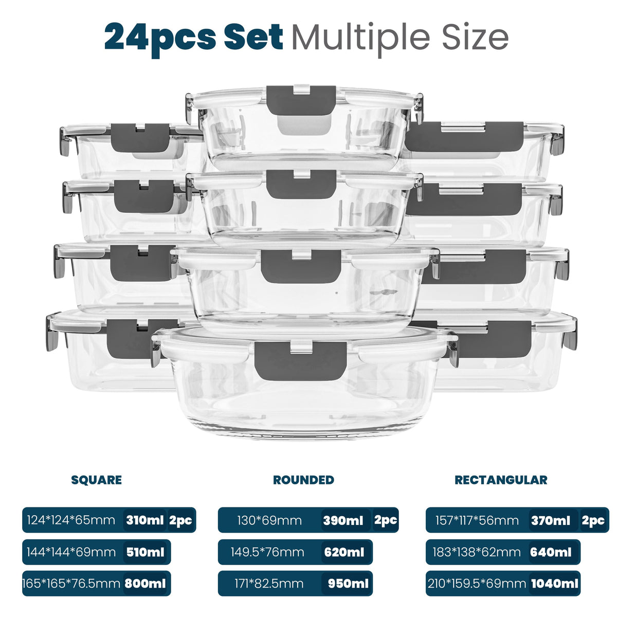 24 Pc Borosilicate Glass Meal Prep Containers with Lid,12 Pack, Grey