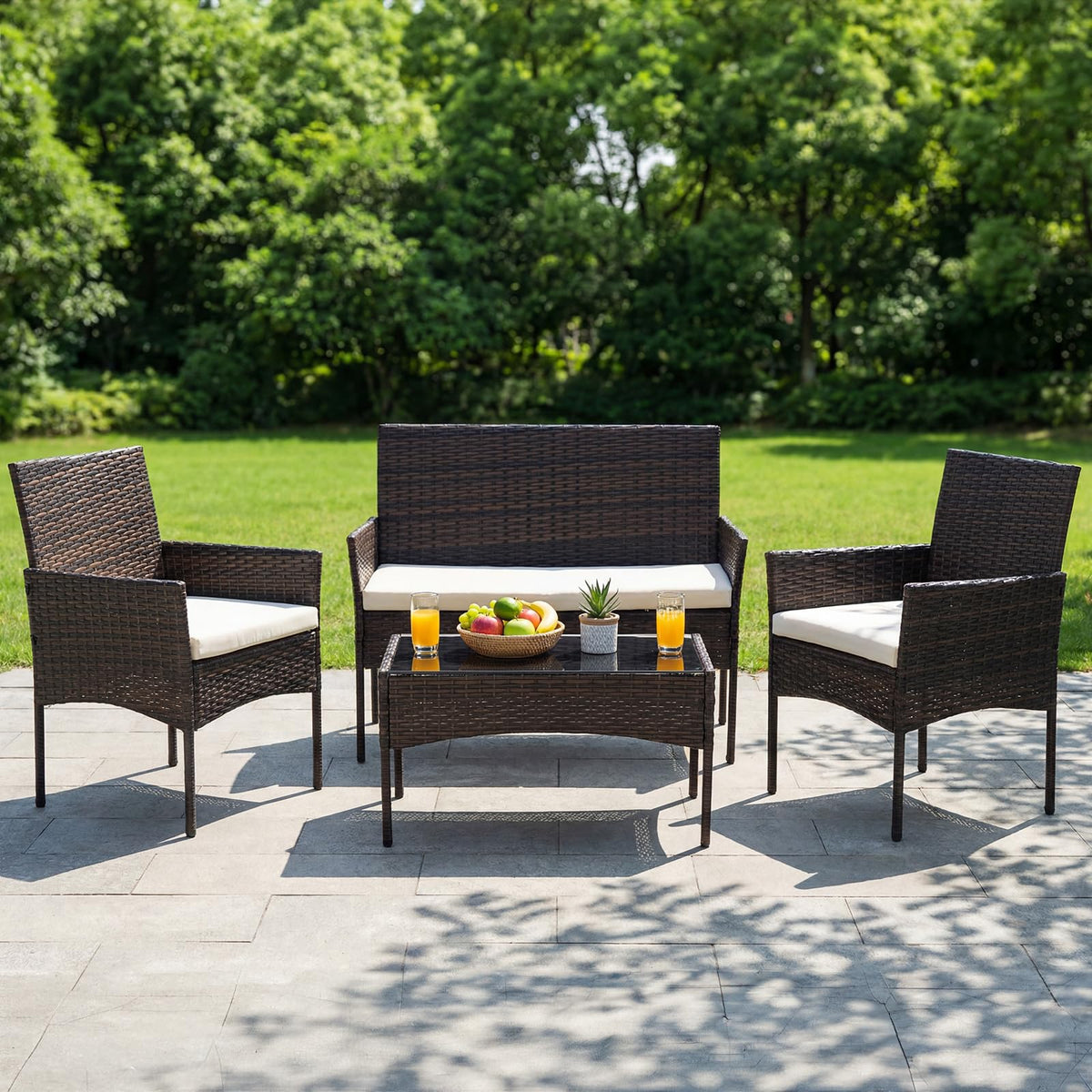 4-Piece Patio Furniture Set, Outdoor Rattan Seating Chair, Brown