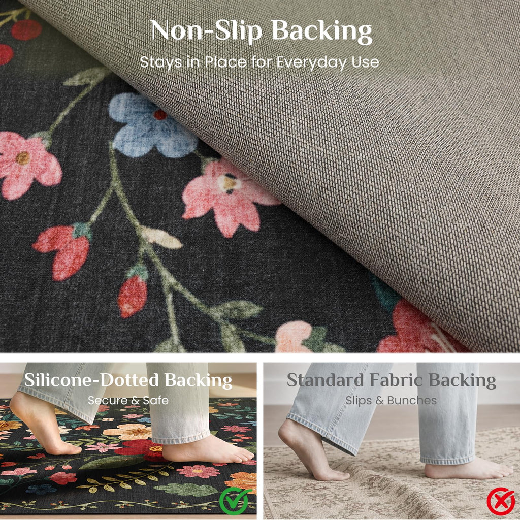 Floral Runner Rug, Washable Rug, Black