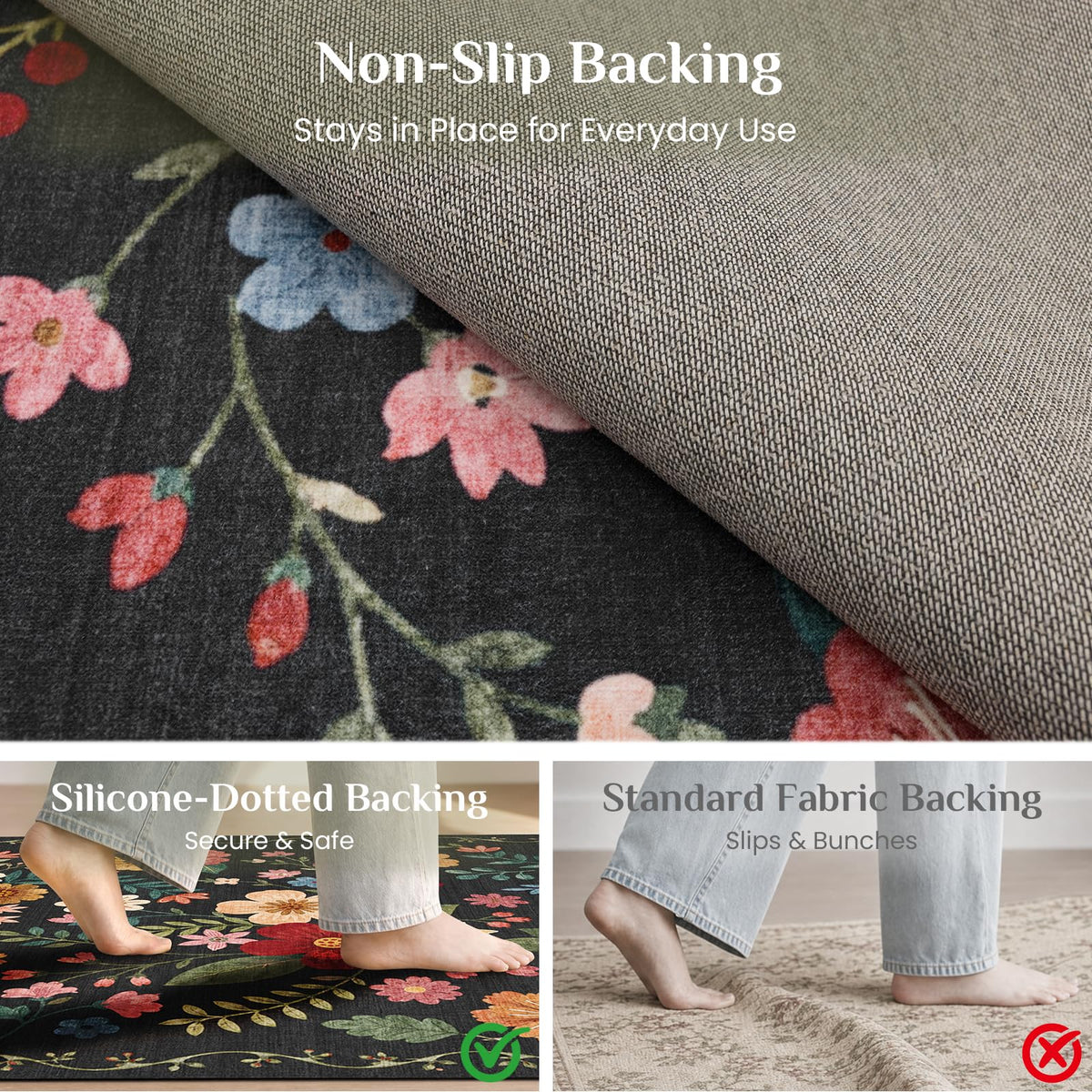 Floral Runner Rug, Washable Rug, Black