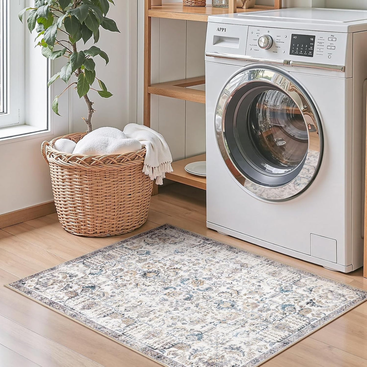Distressed Vintage Medallion Area Rug, Blue, Washable Non Slip