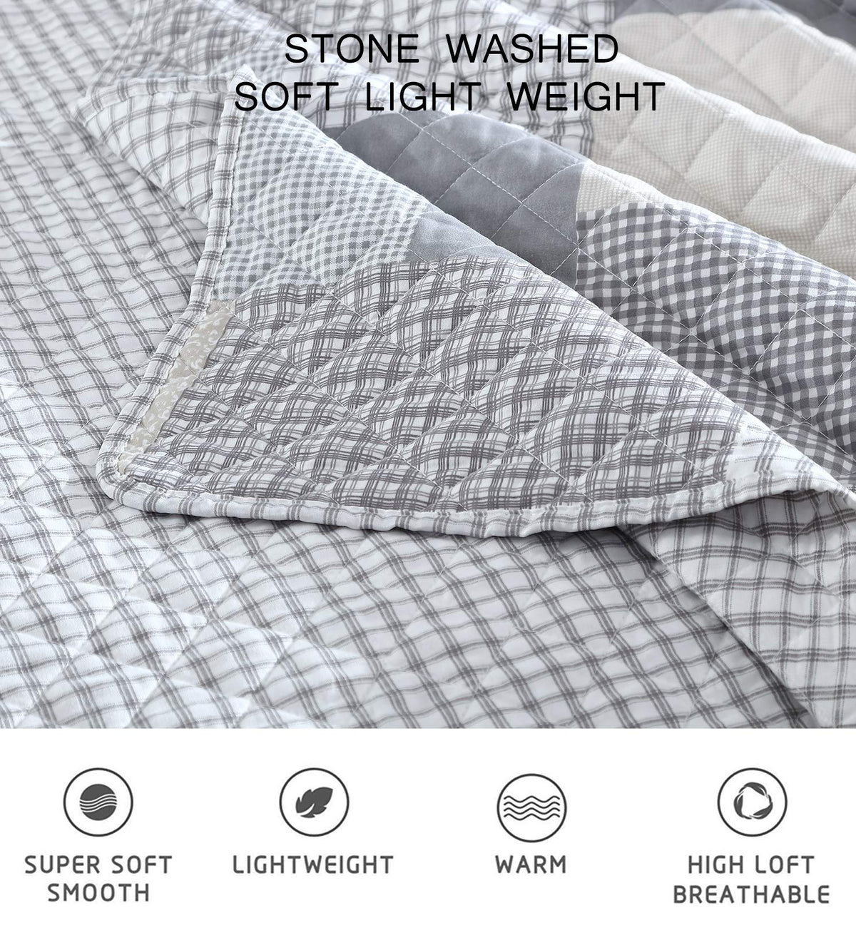 Anderson 3-Piece Printed Patchwork Quilt Set, Lightweight Polyester Cover with 100% Cotton Filling, Modern Gray Plaid