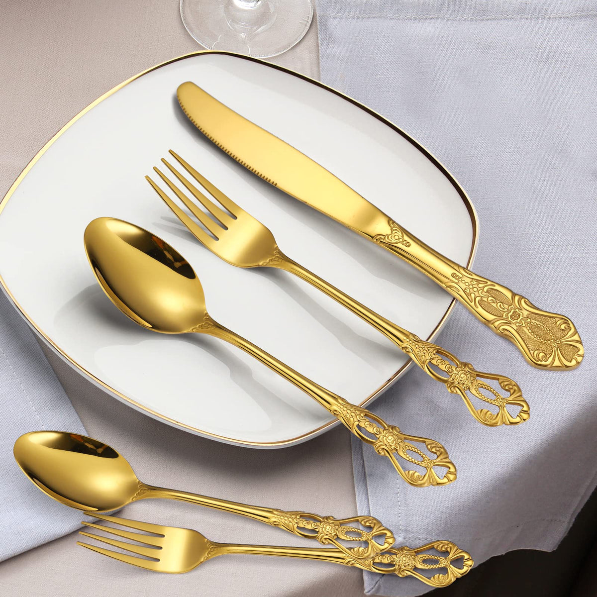 Retro Silverware Gold Set for 4 Stainless Steel Flatware Royal 20 Piece Cutlery Sets Knives Spoons Forks Vintage