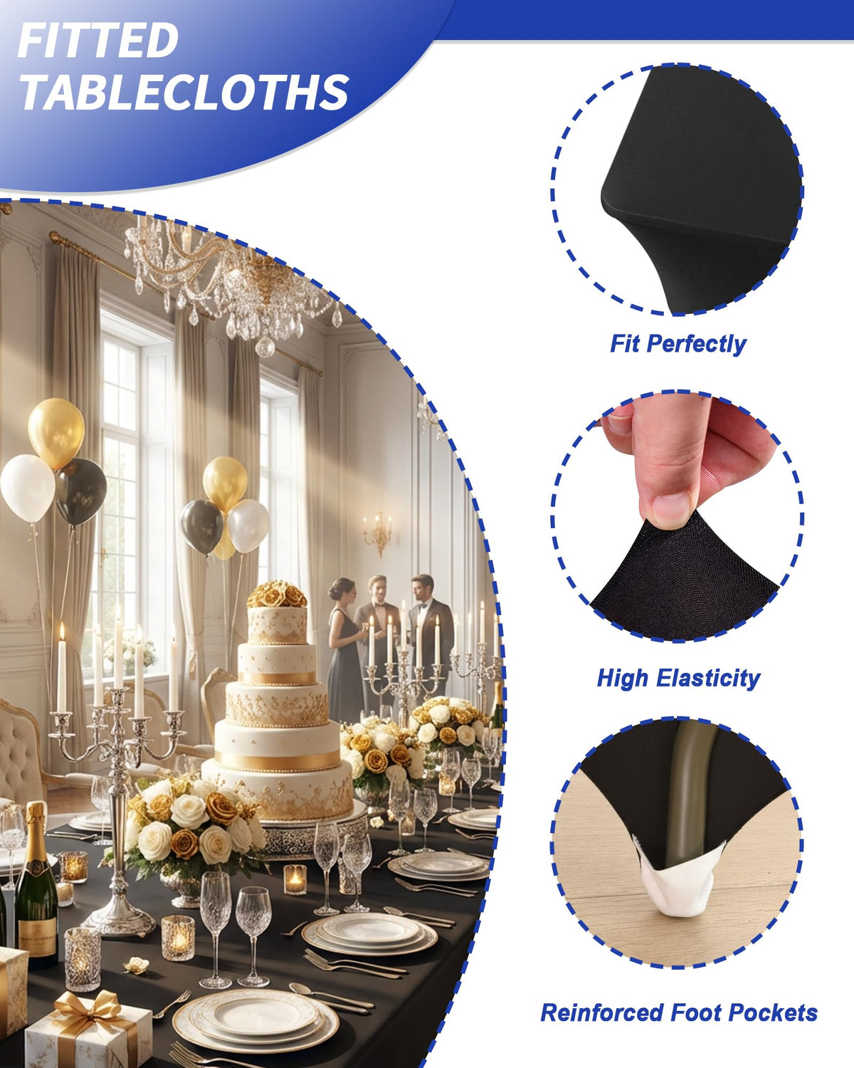 2 Pack 8FT Black Tablecloth Rectangle Spandex Fitted Table Cover
