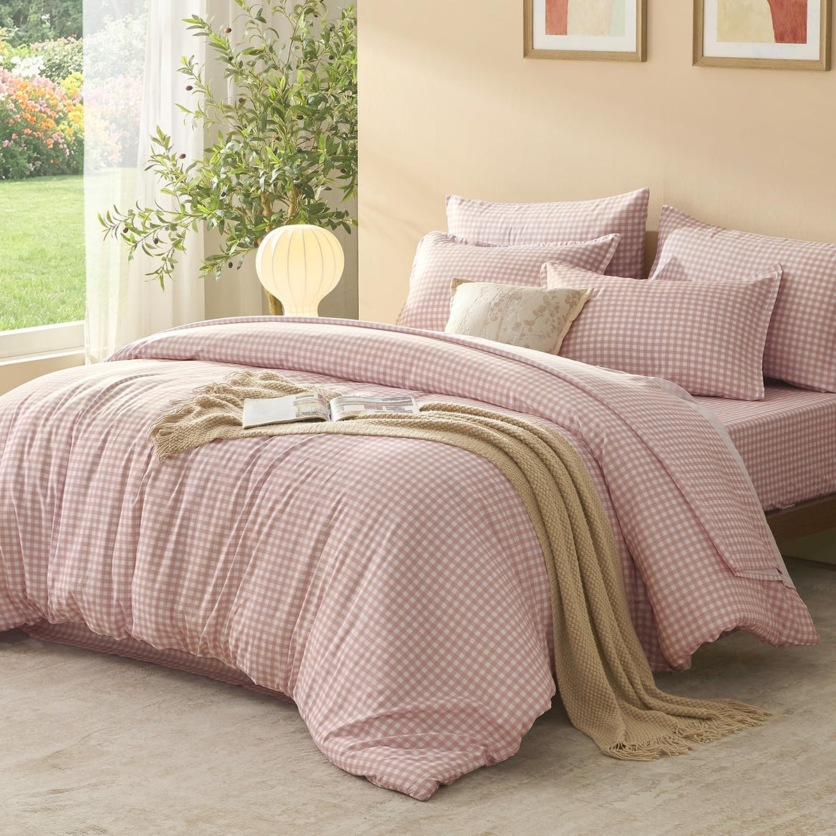 Blush Pink Gingham Comforter Set 7 Pieces