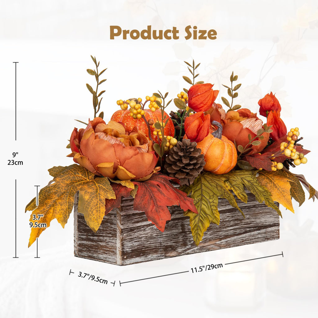 Fall Decor Autumn Harvest Pumpkins Centerpiece - Artificial Peony Maple Leaf and Pinecones Arrangement in Rectangle