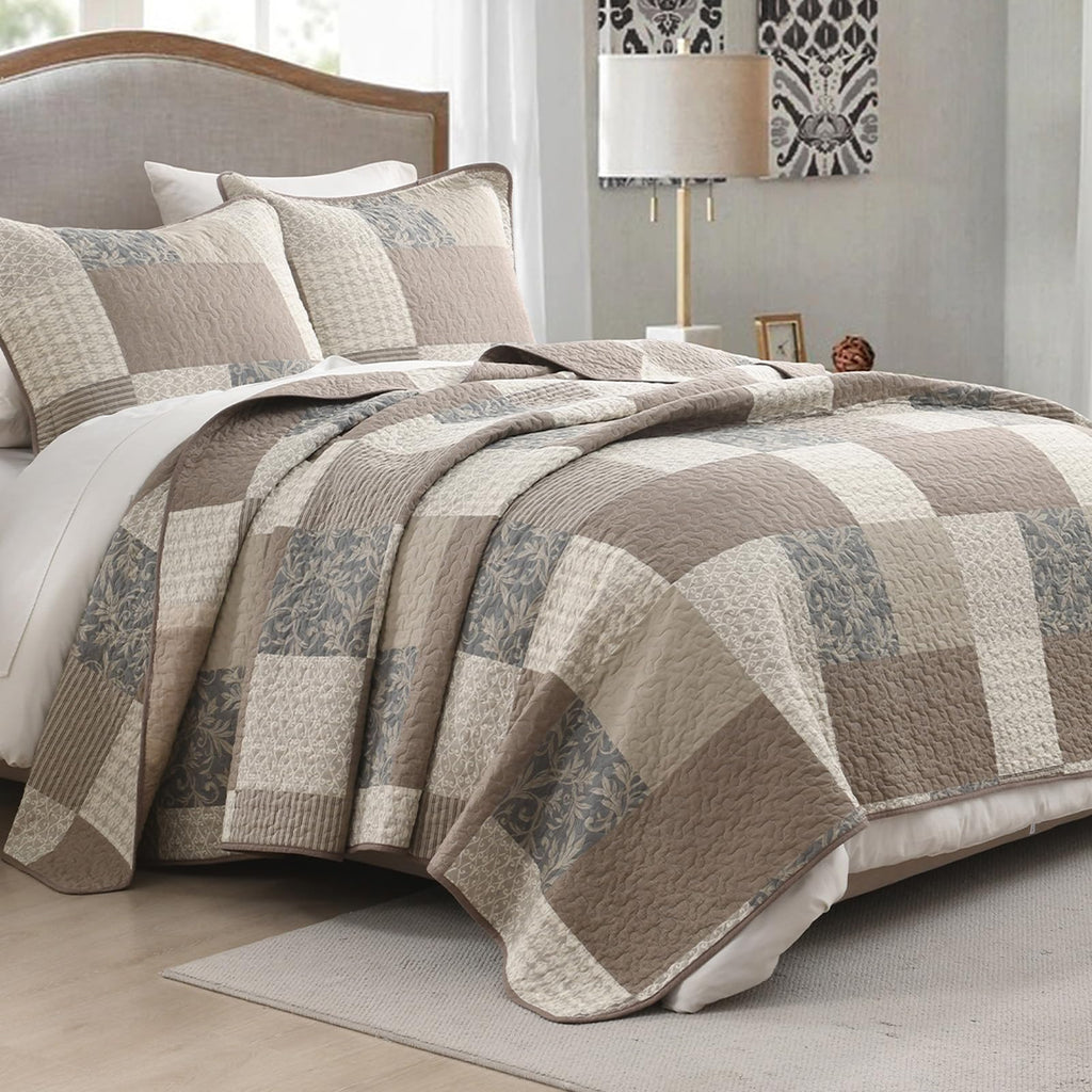 100% Cotton Quilt Set - Plaid Quilted Comforter, Patchwork Botanical Quilt Bedspread, Modern