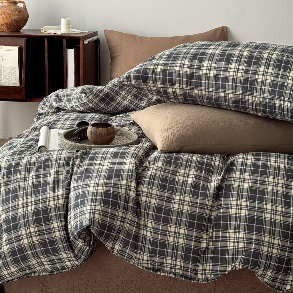 Dark Gray-Black & Beige Buffalo Plaid Duvet Cover Set