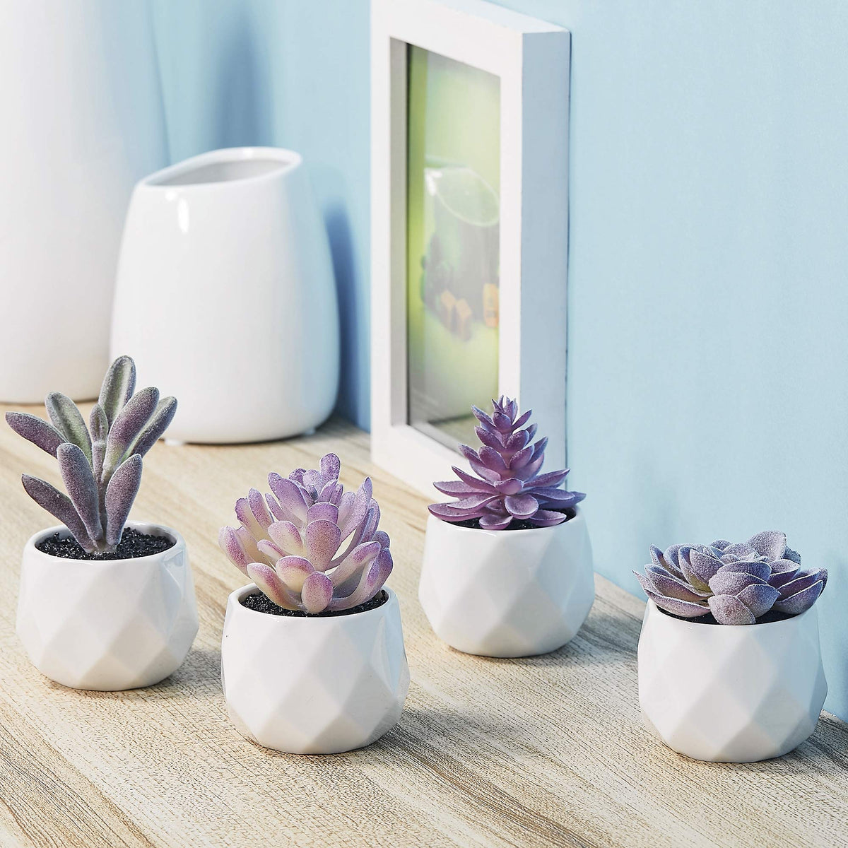 Fake Succulent Plant Set Desk Plants Faux Succulents Pots Mini Purple Decor
