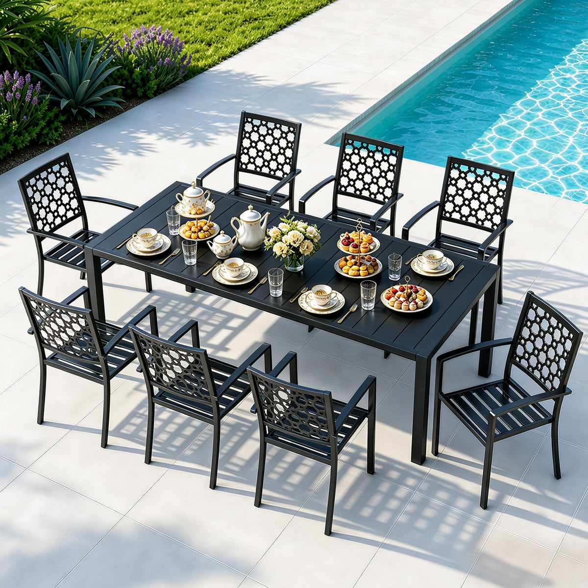 Stackable Patio Chairs Set of 2, Black Powder-Coated Metal Outdoor Dining Chairs, High Back Durable Heavy Duty