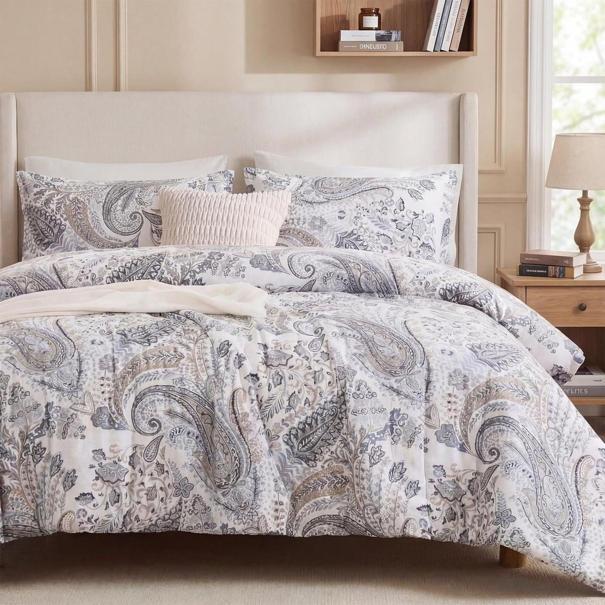 Blue Paisley Duvet Cover Queen Size 100% Cotton Soft & Breathable 3 Pcs Luxury Bedding Duvet Cover Sets with Zipper