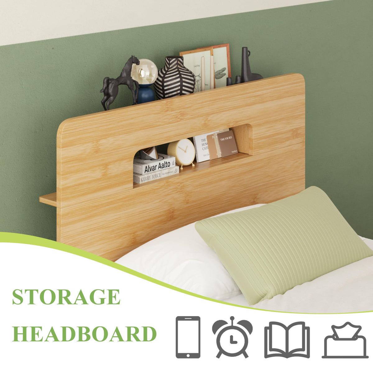 Solid Bamboo Wood Twin XL Bed Frame with Storage Headboard, 14 inch Platform Twin XL Bed Frames No Box Spring Needed