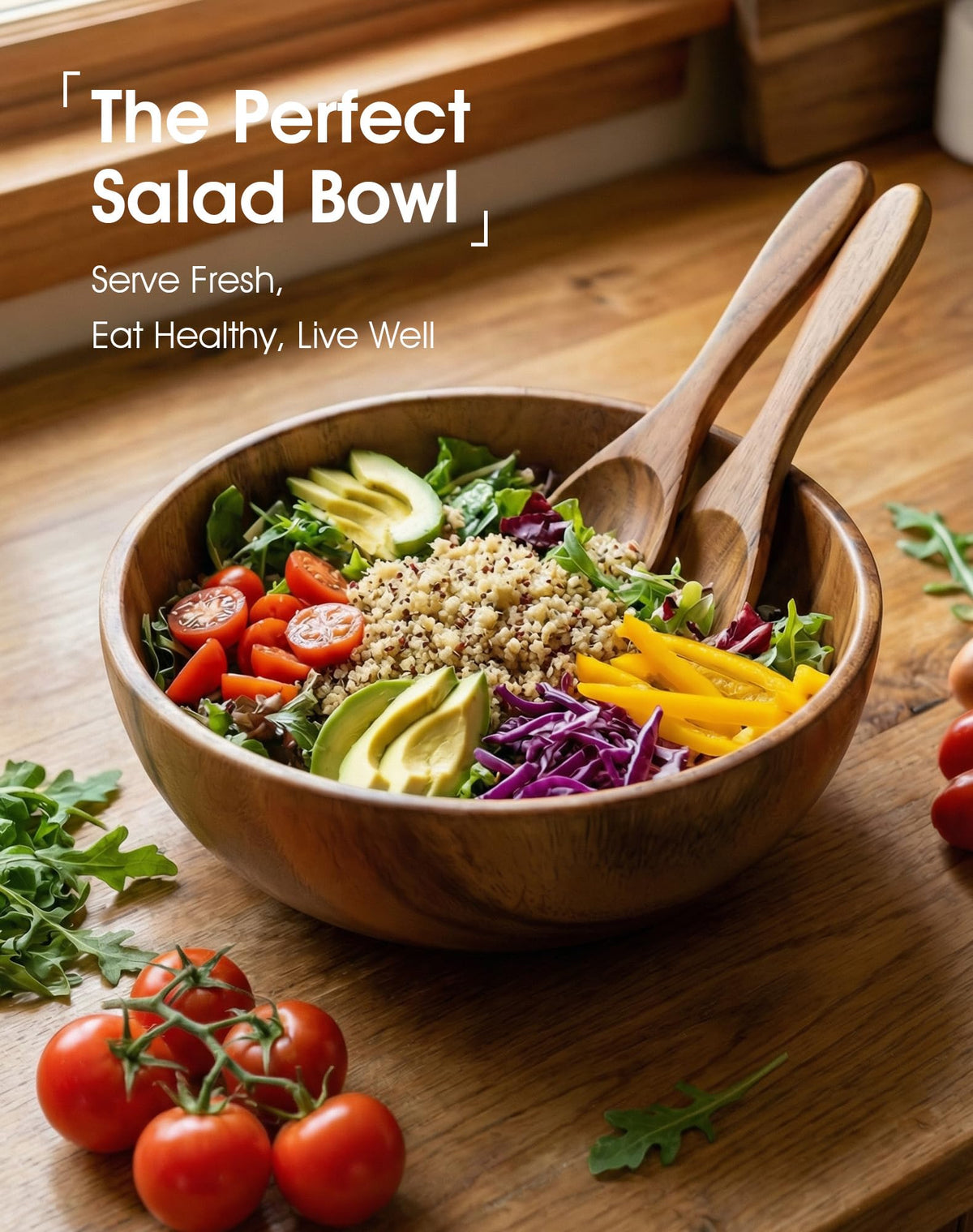 Wooden Salad Bowls Set of 3, Acacia, 5.1, 6.3 & 8.6 Inch