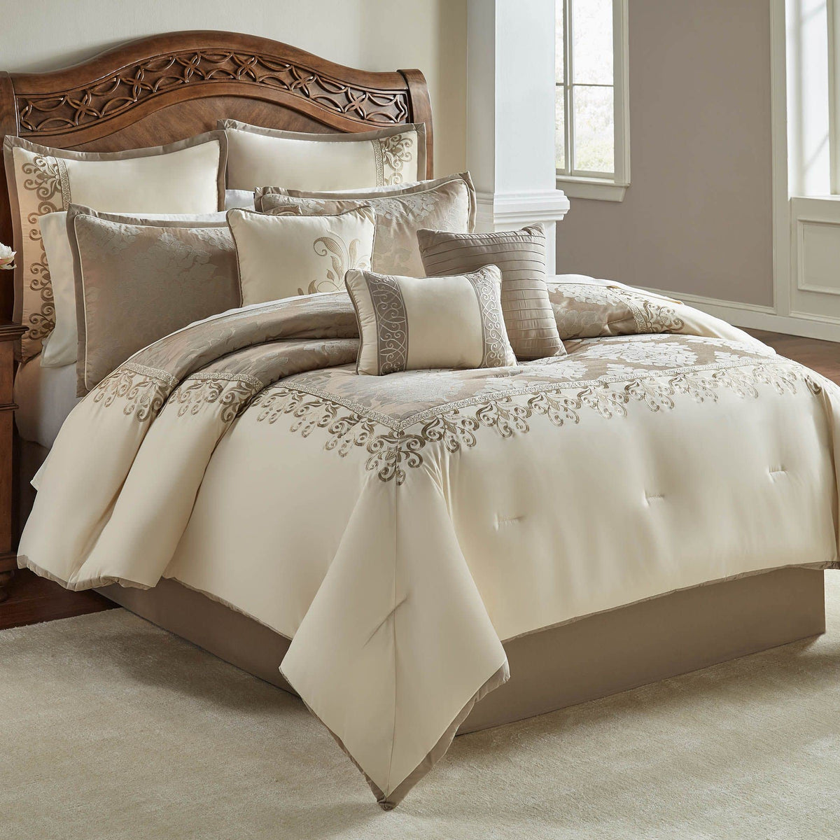 Hillcrest Comforter Bedding Set, King Size, Ivory Gold Traditional Décor, 10 Pieces