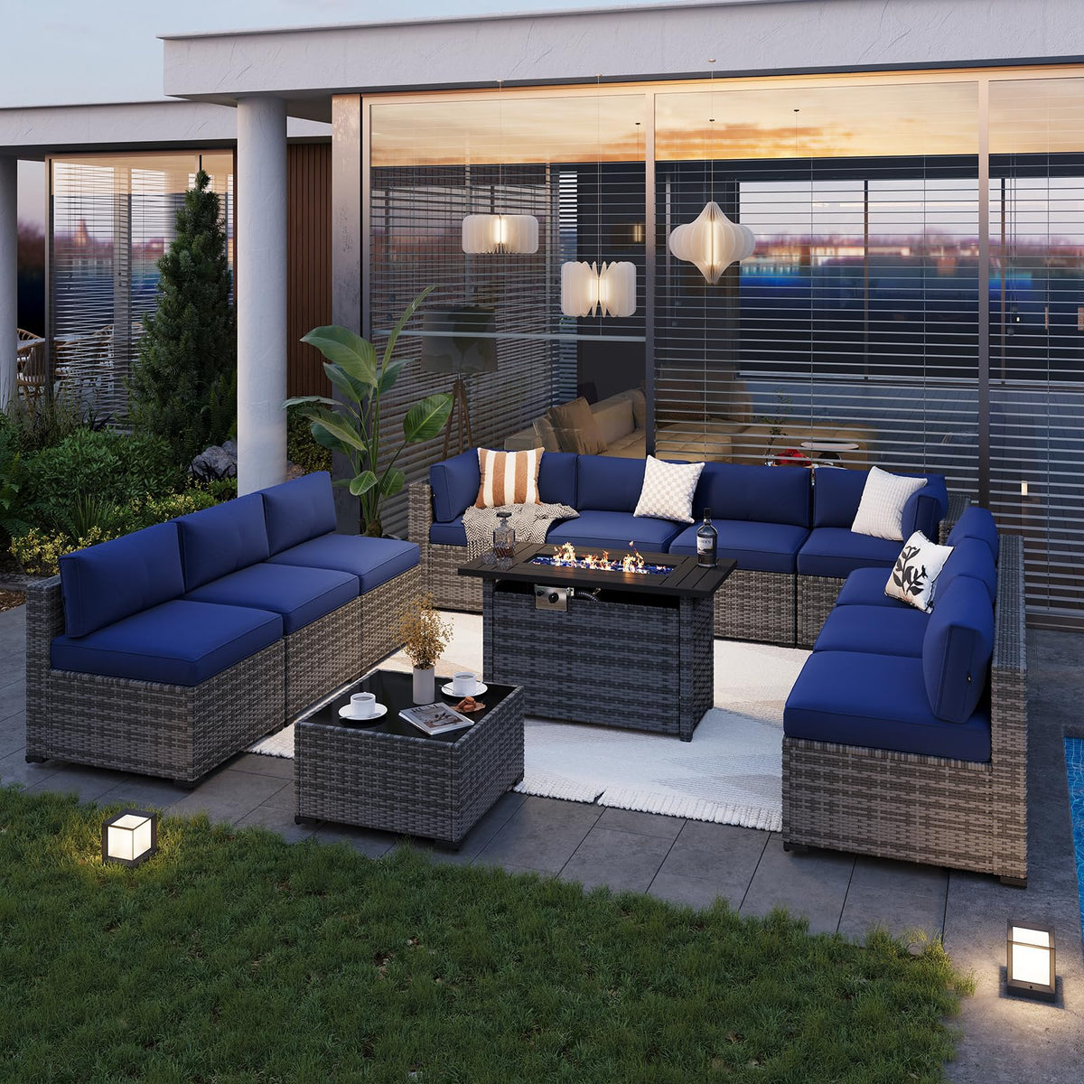 Patio Furniture Sets, 12-Piece Outdoor Patio Furniture with 44'' Propane Gas Firepit Table, Wicker Outdoor