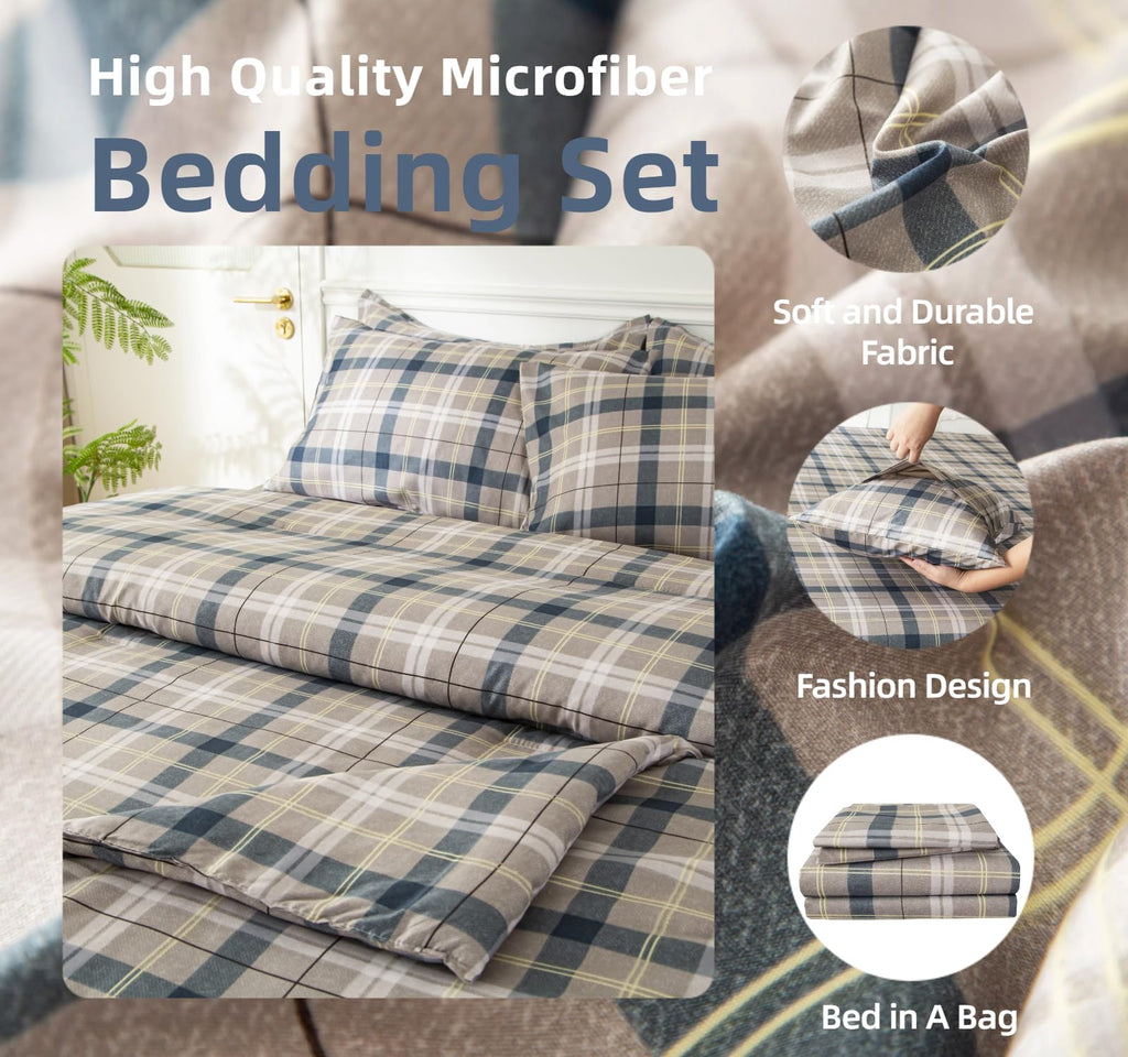 7PCS Gingham Comforter and Sheet Set, Plaid Bedding Set with for Man Woman Adult, Super Soft Microfiber Bedding