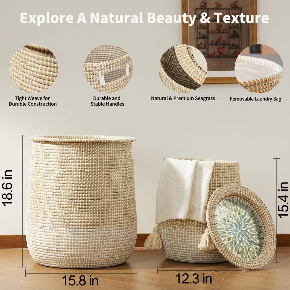 Round Seagrass Laundry Hamper with Lid, 2-Piece Set - Eco-Friendly Storage Basket for Clothes, Toys, and More