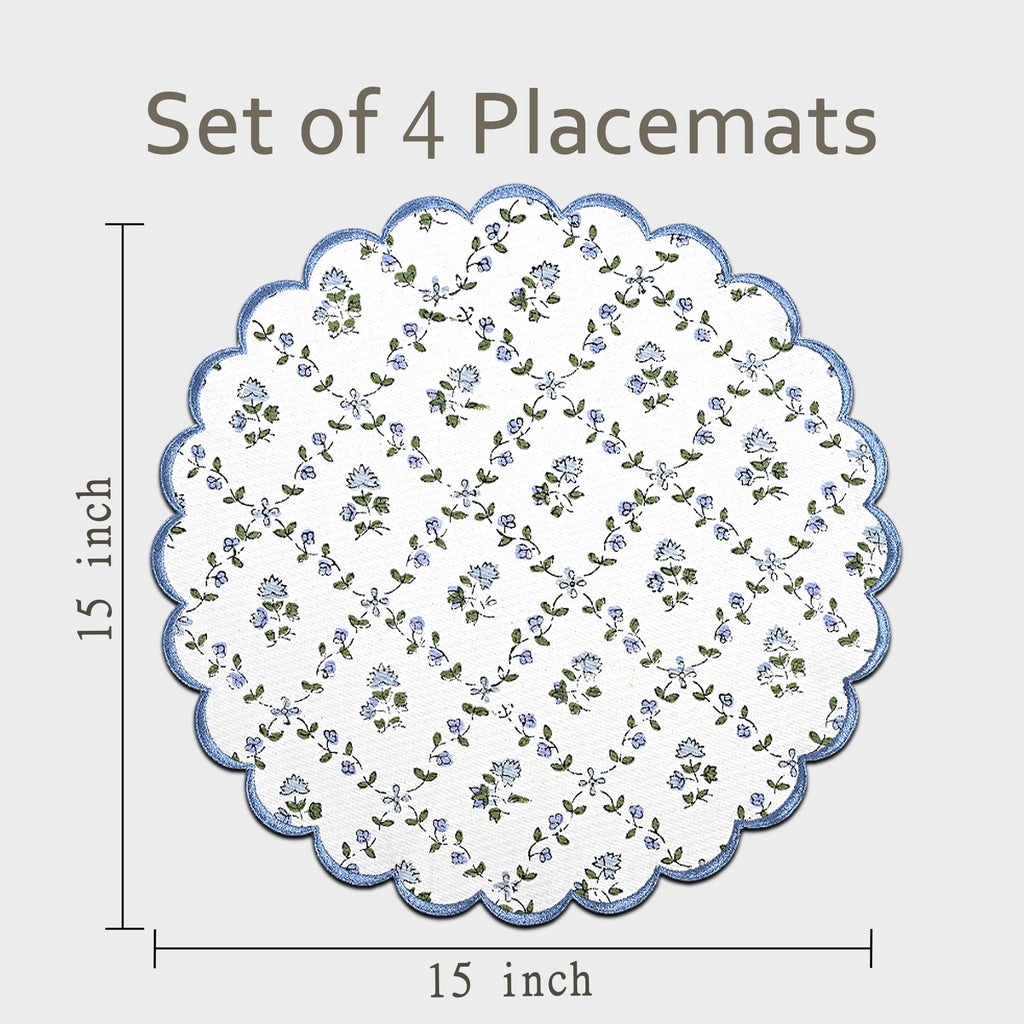 Floral Block Print Round Placemats 15 Inch, Set of 4, Powder Blue