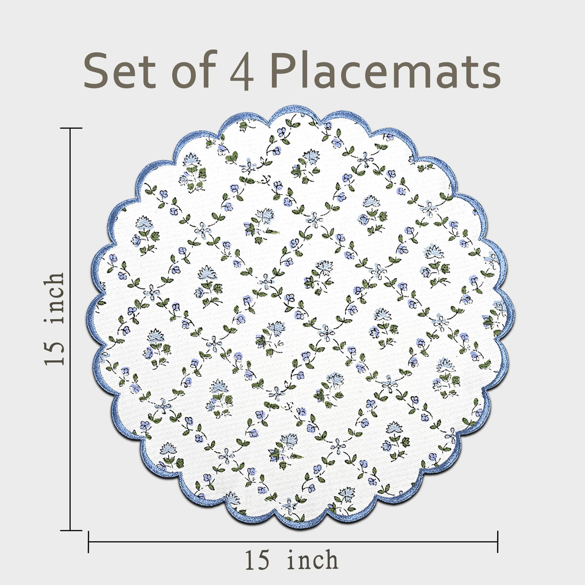 Floral Block Print Round Placemats 15 Inch, Set of 4, Powder Blue