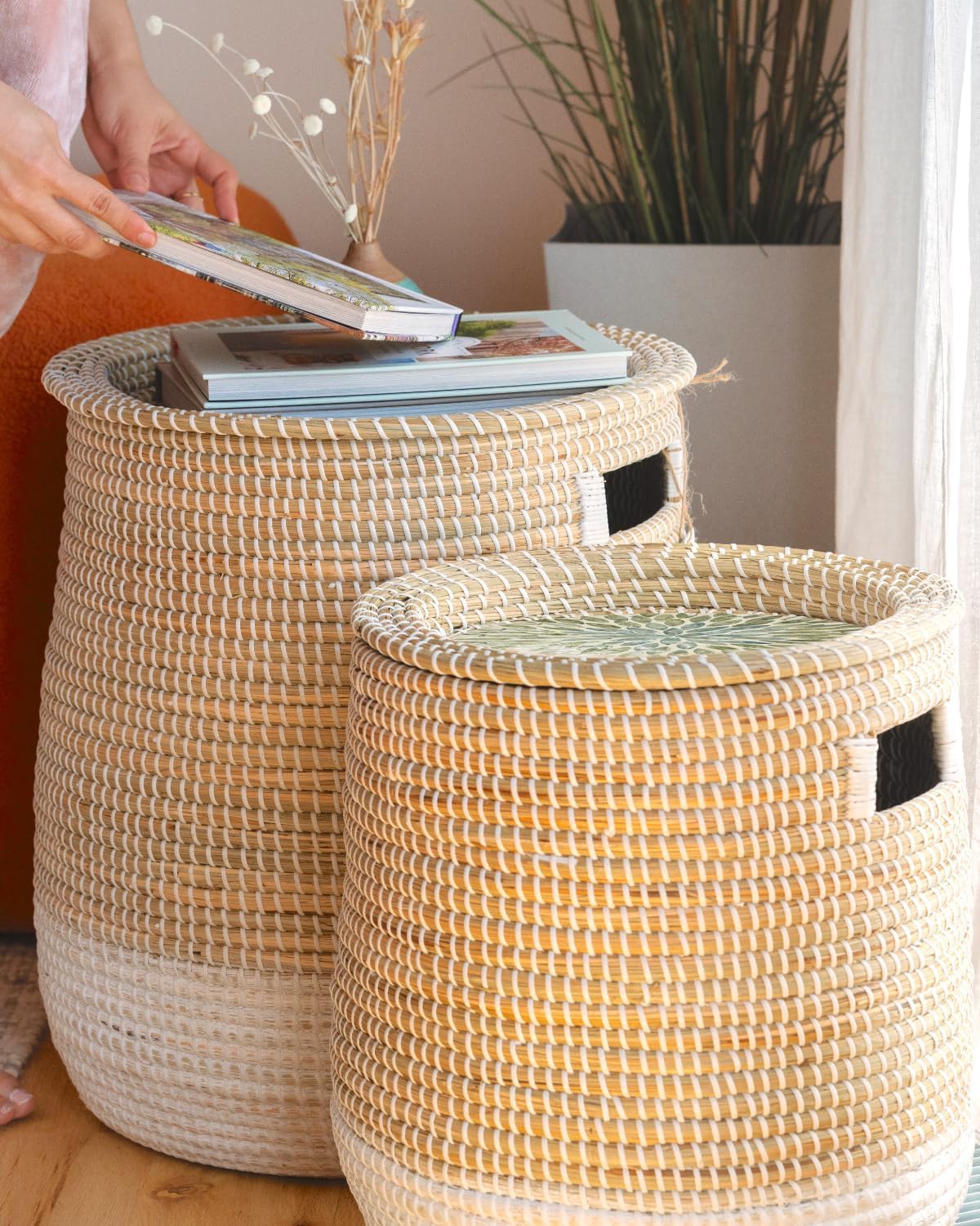 Round Seagrass Laundry Hamper with Lid, 2-Piece Set - Eco-Friendly Storage Basket for Clothes, Toys, and More