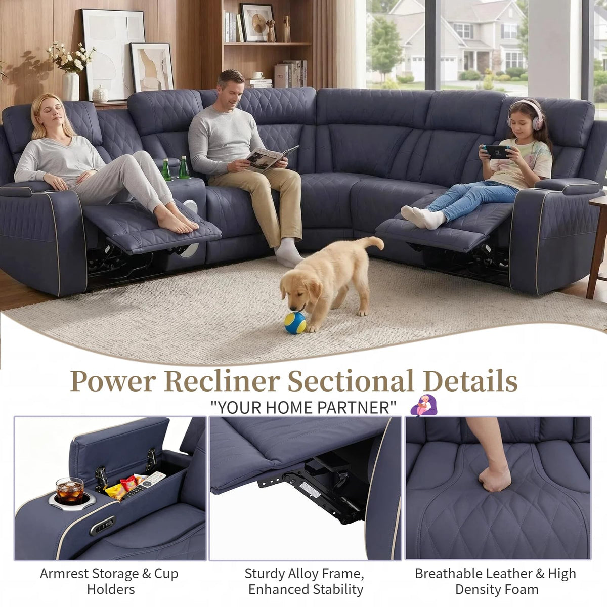 Leather Power Reclining Sectional Sofa with Speakers & USB Charging Ports