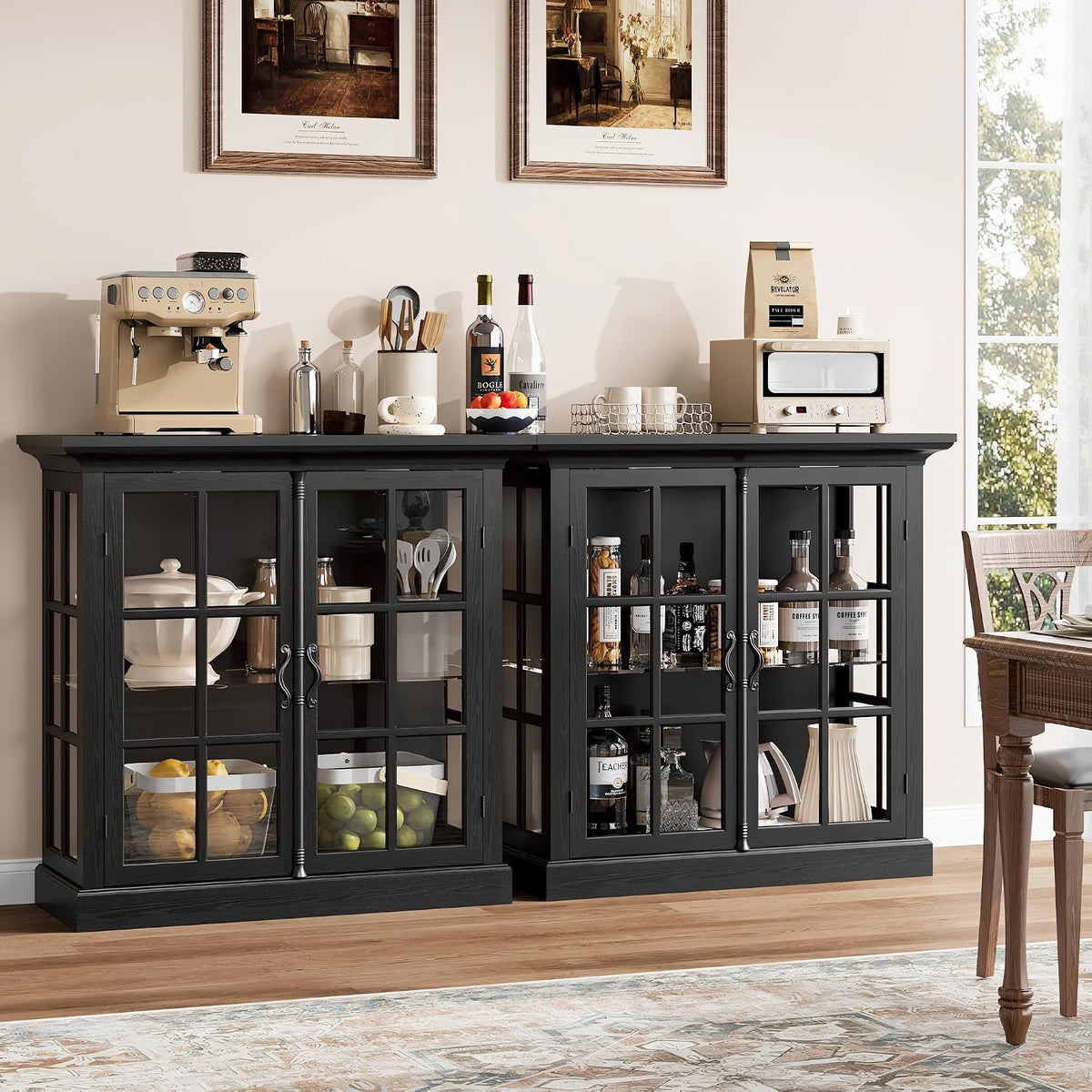 Modern 43" Display Cabinet, Vintage Curio Cabinet with LED Light and Wine Glass Holder, Farmhouse Wine Bar Cabinet