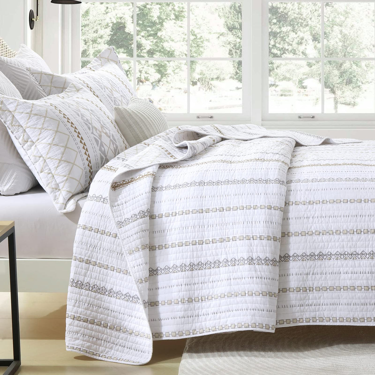 Quilt, 100% Cotton Quilt Bedding Set, Reversible Boho Striped Bedspreads Lightweight Comforter