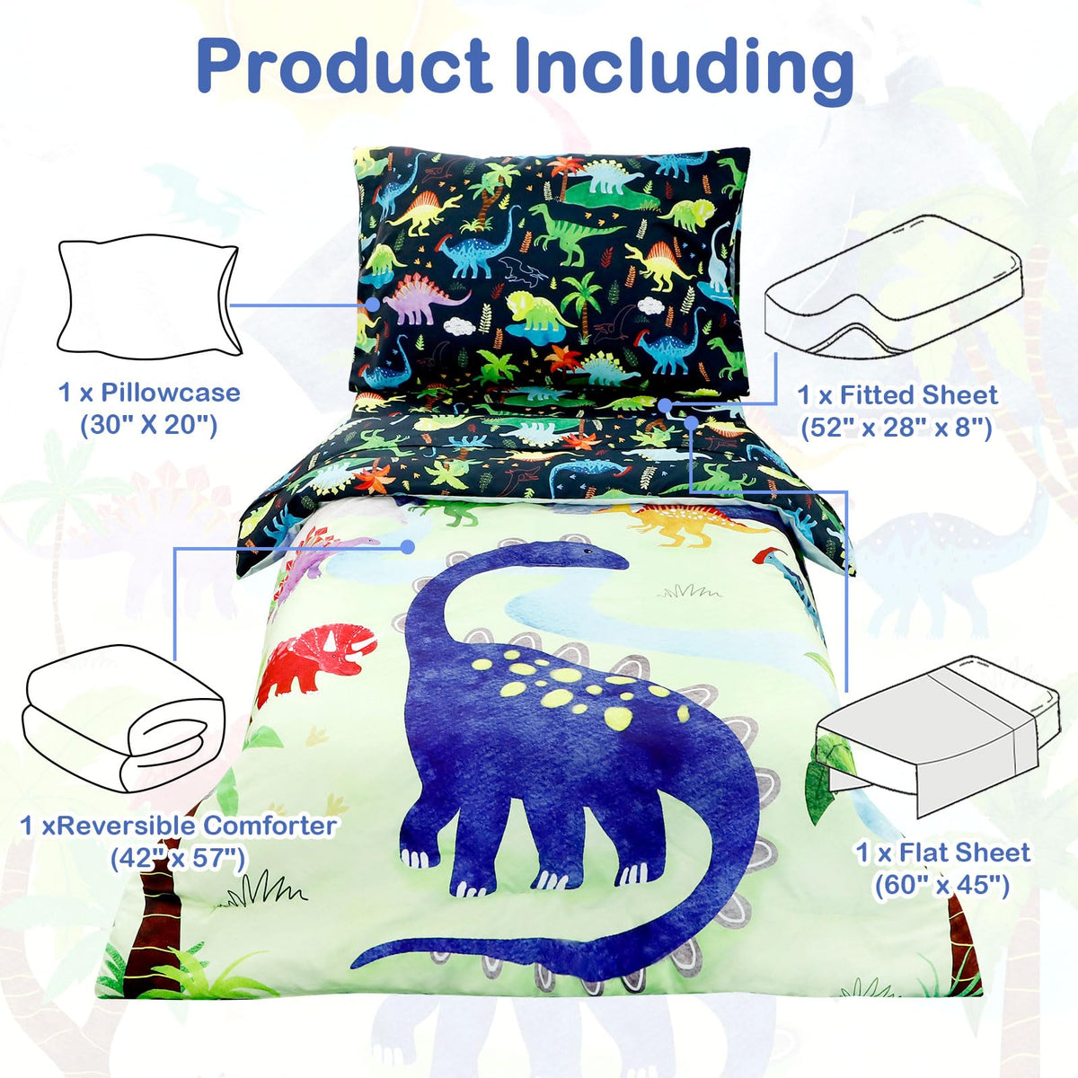 4 Piece Toddler Bedding Set, Ultra Soft and Breathable Cartoon Dinosaur Toddler Comforter Sets for Boys Includes