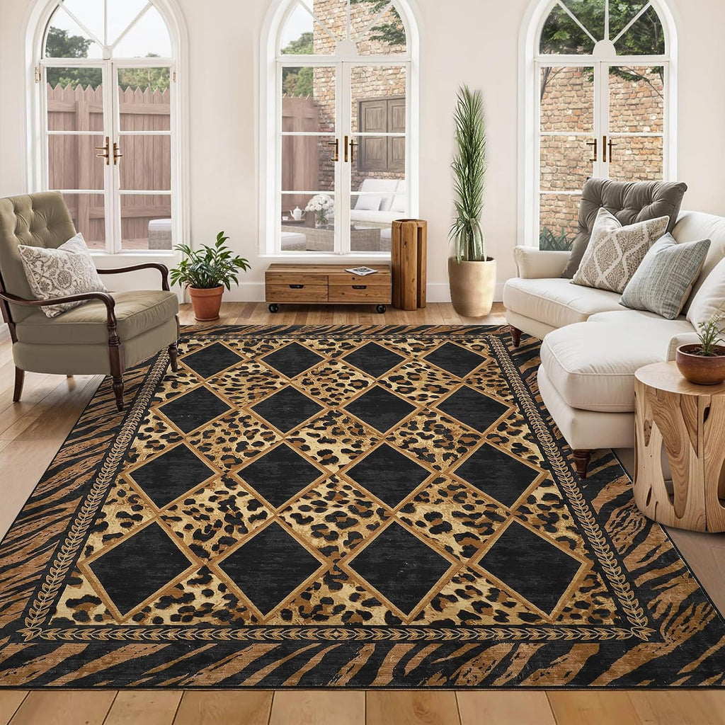Checkered Leopard Print Area Rug, Soft Low Pile Non-Slip Large Living Room Rugs Machine Washable Indoor Carpet Dining