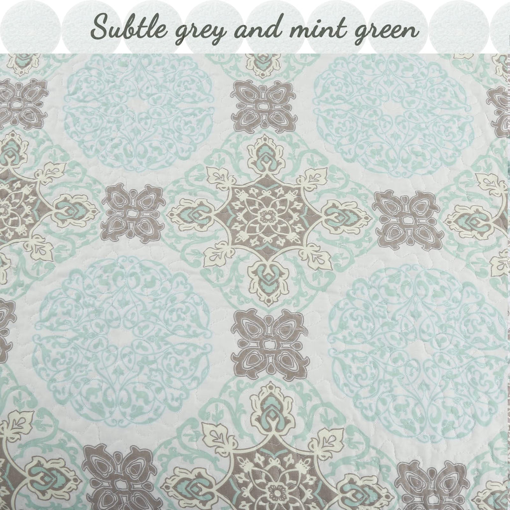 Mint Grey Modern Medallion Damask Reversible Quilt Bedding Set, Lightweight Bedspread Coverlet for All Seasons (Aqua