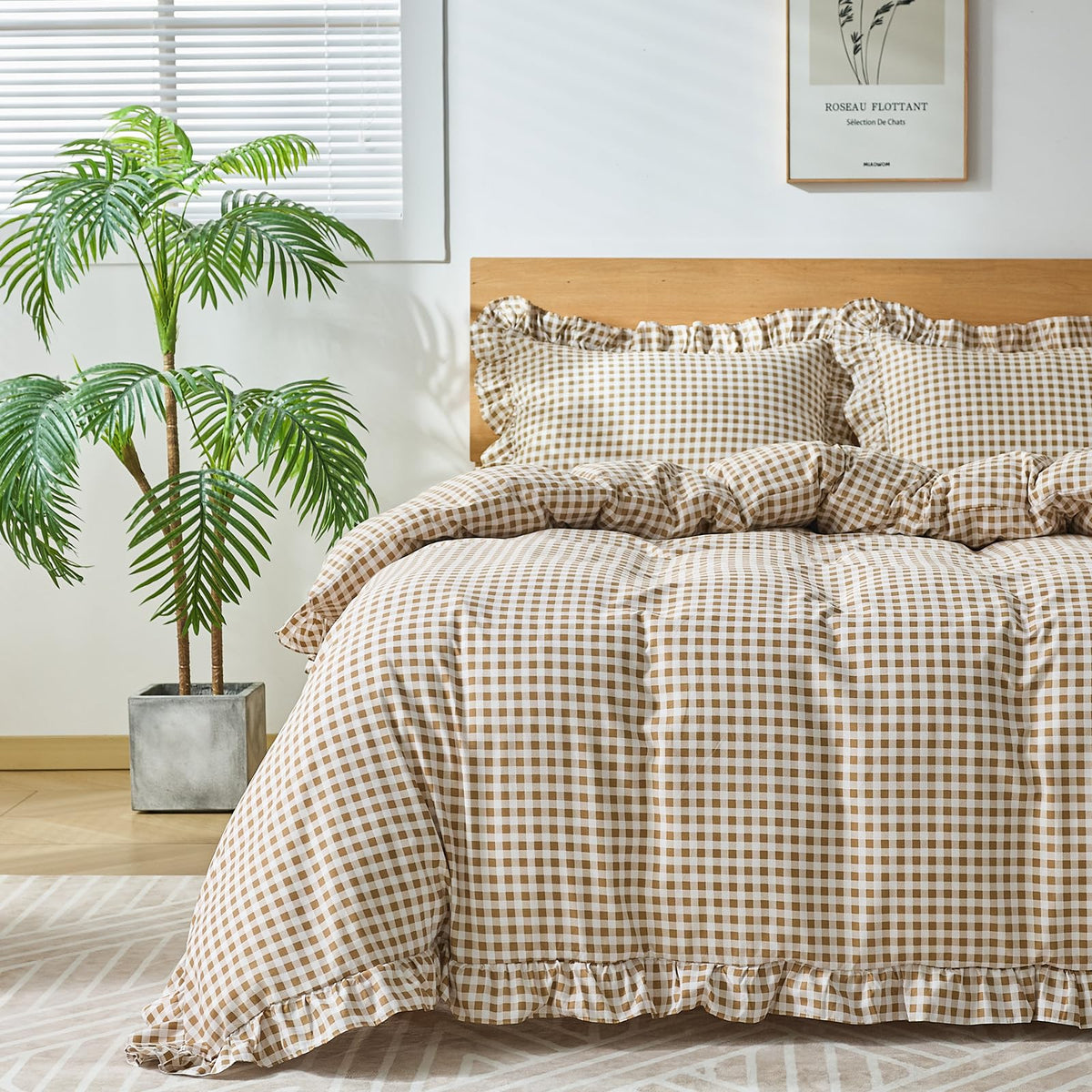 Gingham Duvet Cover, 3 Pieces Soft Breathable Microfiber Plaid Duvet Cover with Zipper Closure & 2 Pillow
