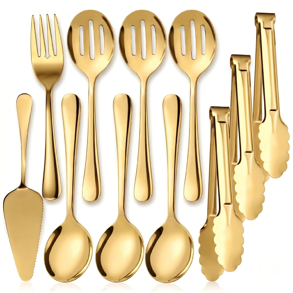 11PCS Stainless Steel Gold Serving Utensils, 8.7''Serving Spoons,8.7''Slotted Spoons, Serving Fork, 9'' Serving