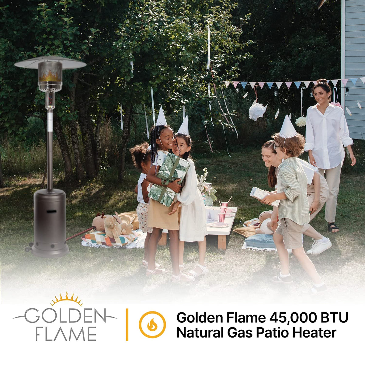 XL-Series Natural Gas Patio Heater, 45, 000 BTU, 89" Tall, Push-Button Ignition, Anti-Tilt Safety, Wheels, Hammered