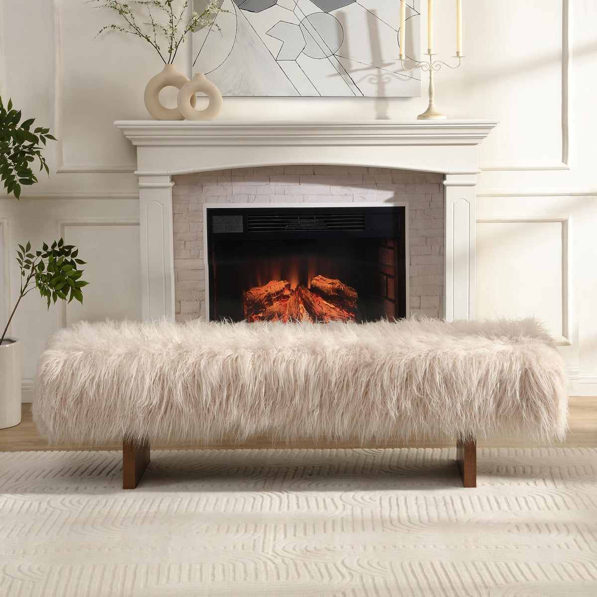 Lenka 67" Long-haired Faux Wool Bedroom Bench, Rubberwood Ottoman Bench, Spacious Seating, Long Footstool, Luxury