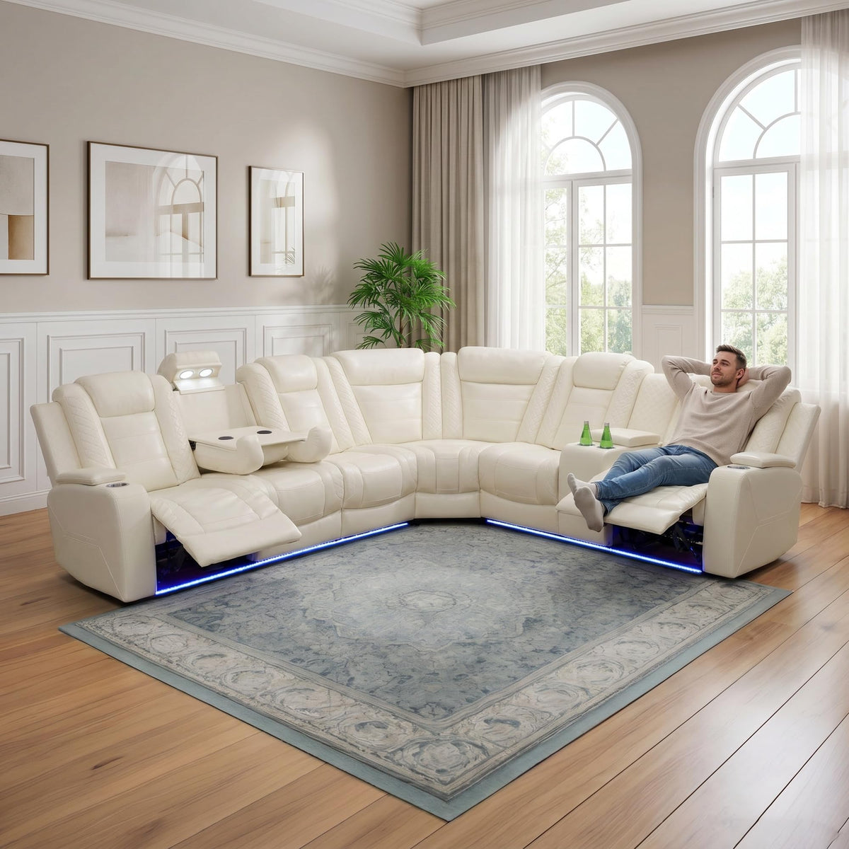 Recliner Sectional Sofa Set, 3-Piece Power Sectional Couch with Off-White Leather, Recliners, Storage Console, Cup