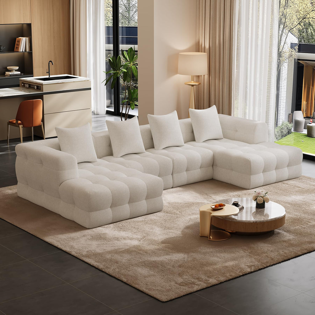 136" Boneless U-Shaped Couch, Cloud Sofa, Beige White