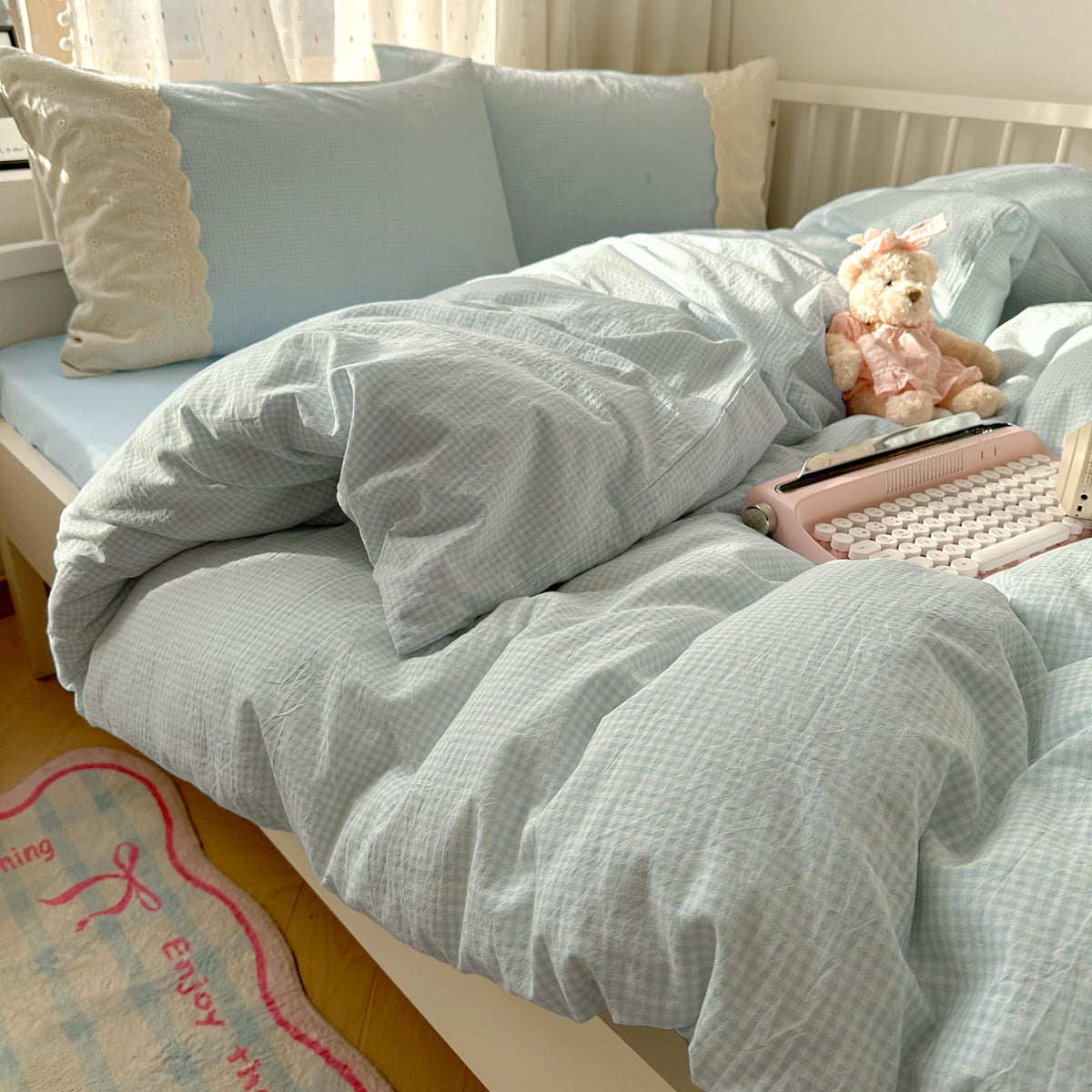 Lace Comforter Set Blue Plaid Gingham Comforter with 2 Romantic Lace Pillowcases Soft Cozy Grid Bedding Set