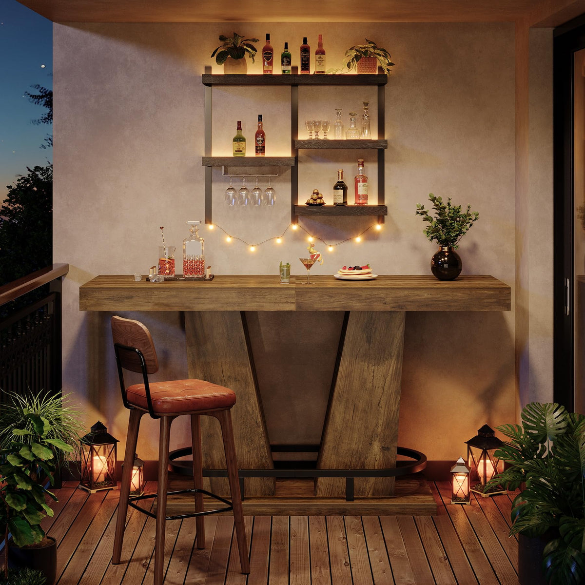 62.99" Industrial Bar Table for 4-6, Rectangle Counter Height Pub Table with Metal Footrest, Home Bar Units for Pub
